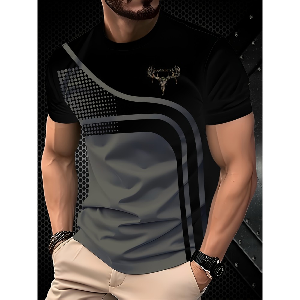 Men'S Casual Summer T-Shirt with 3D Deer Head Print - Black, Short Sleeve, Round Neck, Lightweight Fabric, All-Season Wear, Casual Attire | Graphic Tee | Comfortable Fit