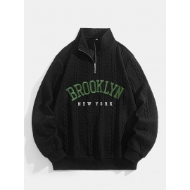 Jacquard Preppy Collared Neck Long Sleeve Embroidered Loose Fit Regular Length Knit Fabric Hoodie