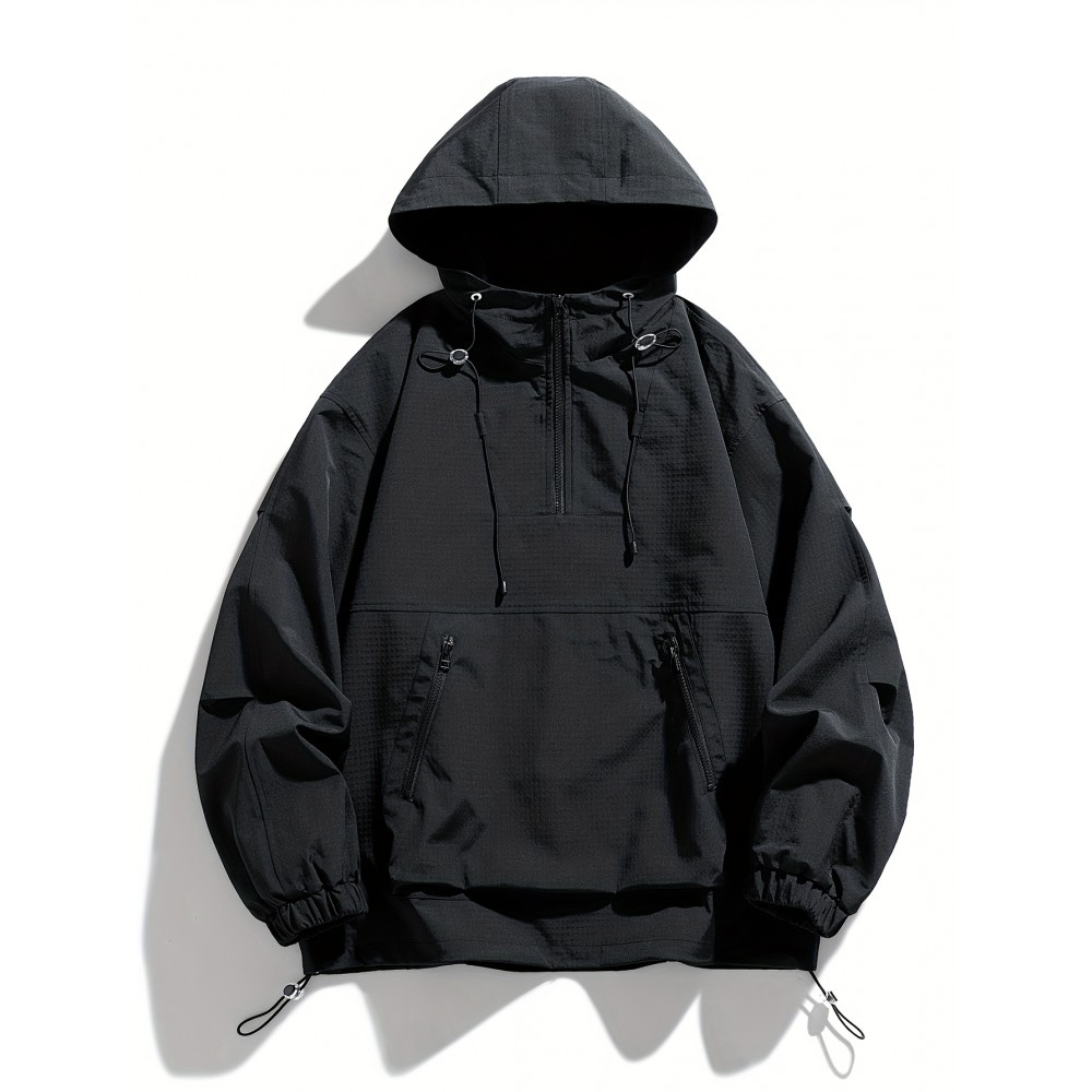 Men's Black Hooded Windbreaker Jacket - Lightweight, Polyester, Long Sleeve, Zipper Closure | Casual, Wind Protection for Spring & Fall