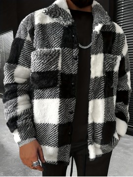 Men'S Cozy Plaid Fleece Jacket - Black & White Checkered Pattern, Loose Fit Winter Coat with Button Front, Long Sleeves, and Fluffy Lining for Fall/Winter, Winter Coat
