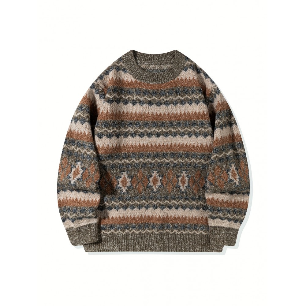 Men's Casual Color-Block Geometric Knit Sweater - Loose Fit Ribbed Detail Pullover, Machine Washable Autumn Winter Warm Crewneck Sweater for Casual Attire, Knitted Sweater, Durable Winter Wear