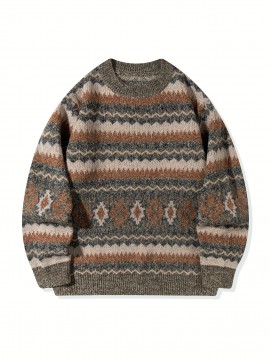 Men's Casual Color-Block Geometric Knit Sweater - Loose Fit Ribbed Detail Pullover, Machine Washable Autumn Winter Warm Crewneck Sweater for Casual Attire, Knitted Sweater, Durable Winter Wear