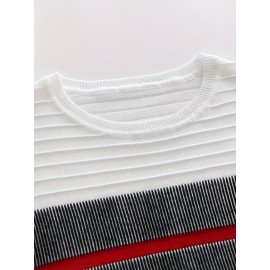 Men'S Fashionable Striped Knit Pullover Sweater - Stretchy Blend, Long Sleeve, Round Neck, Black/White/Red Vertical Stripes, Casual Style for Fall/Winte