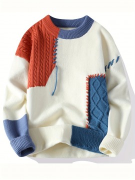Men'S Cozy Color-Block Knit Sweater - Soft, Warm, and Stylish Crew Neck Pullover with Braided Detail, Perfect for Fall and Winter, Casual Knitwear|Chunky Knit Sweater|Soft Knit Fabric, Thick