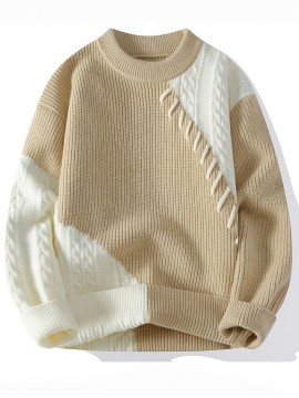 Men'S Cozy Ribbed Knit Sweater - Casual Long Sleeve Crewneck with Contrast Trim, Warm Fall/Winter Pullover in Light Green, Perfect for Casual Attire, Thick