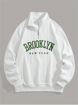 Jacquard Preppy Collared Neck Long Sleeve Embroidered Loose Fit Regular Length Knit Fabric Hoodie