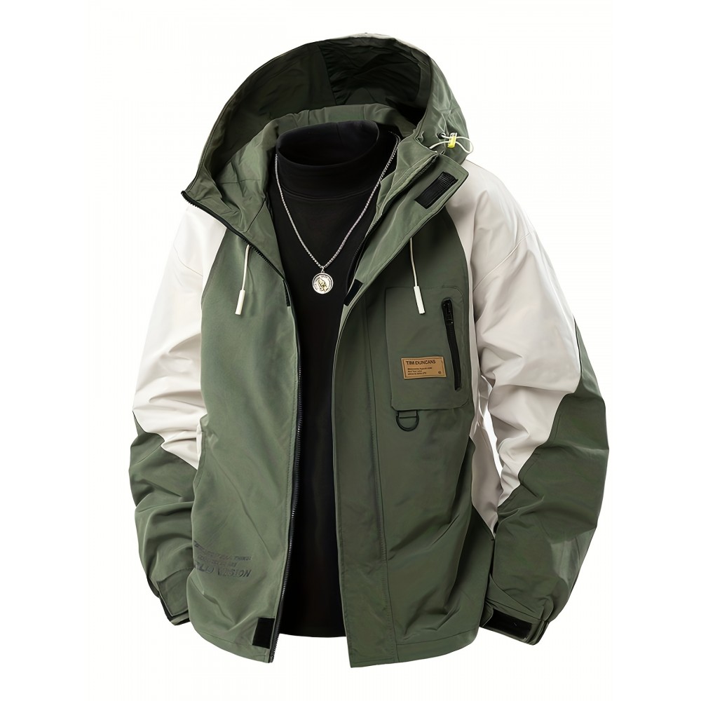 Men's Windproof Hooded Jacket for Spring & Autumn - Lightweight Work Jacket with Zipper Closure, Contrast Color Block Design, Polyester Lining & Pockets - Outdoor Sports, Hiking, Casual Wear
