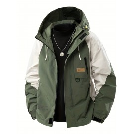 Men's Windproof Hooded Jacket for Spring & Autumn - Lightweight Work Jacket with Zipper Closure, Contrast Color Block Design, Polyester Lining & Pockets - Outdoor Sports, Hiking, Casual Wear