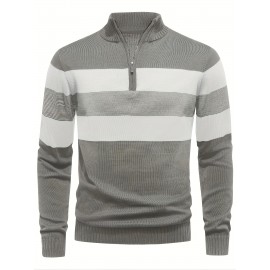 Men's Slim-Fit Casual Soft Commuter Knit Sweater - High Neck Long Sleeve with 1/4 Zipper, Navy & Light Grey Color Block Design for Autumn/Winter, Office & Casual Wear, Knitted Sweater, Comfortable Winter Wear